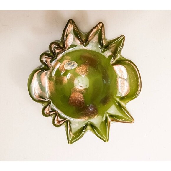 Creation Vimax Decorative Art Glass Bowl Italy, MCM, Green Gold Sparkle Dish - Picture 4 of 15
